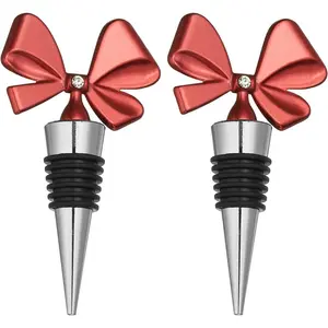 2 count Bow  Stopper,   Stoppers Airtight Leak-proof Bottle Plugs  Saver  Beverage Glass Bottles Stopper for Bar Holiday Party  Decor, -Red