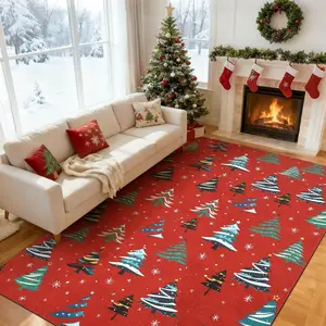 Red 9x12 Washable Rug for Home Decor,Indoor Non Slip Carpet,Soft Low Pile Christmas Rugs with Xmas Tree Motif for Entryway,Living Room,Bedroom