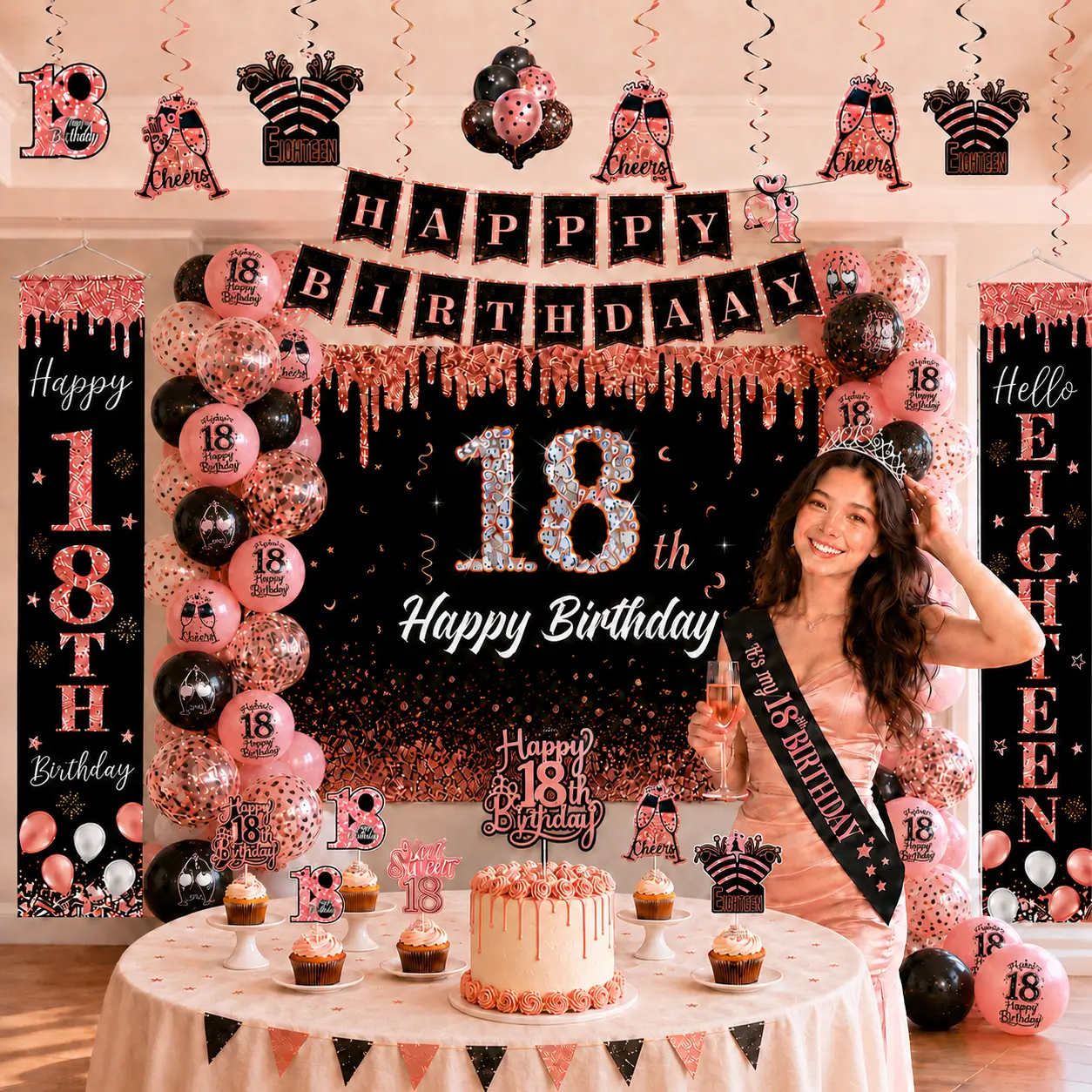 Rose Gold and Black 18th Birthday Party Decorations Kit with Crown, Sash, Backdrop, Balloons, Porch banner 45-Piece