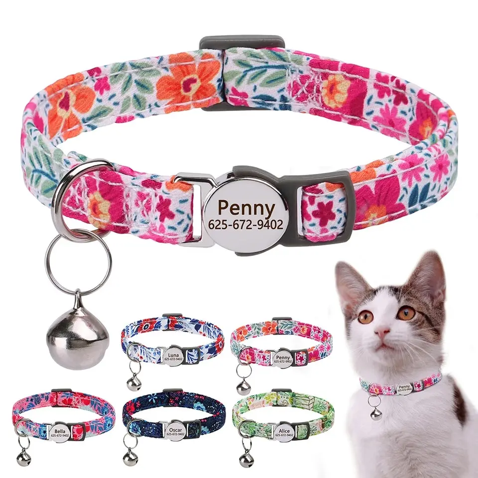 Personalized Printed Cat Collar Adjustable Kitten Puppy Collars With Free Engraved ID Nameplate Bell Anti-lost Cats Collars