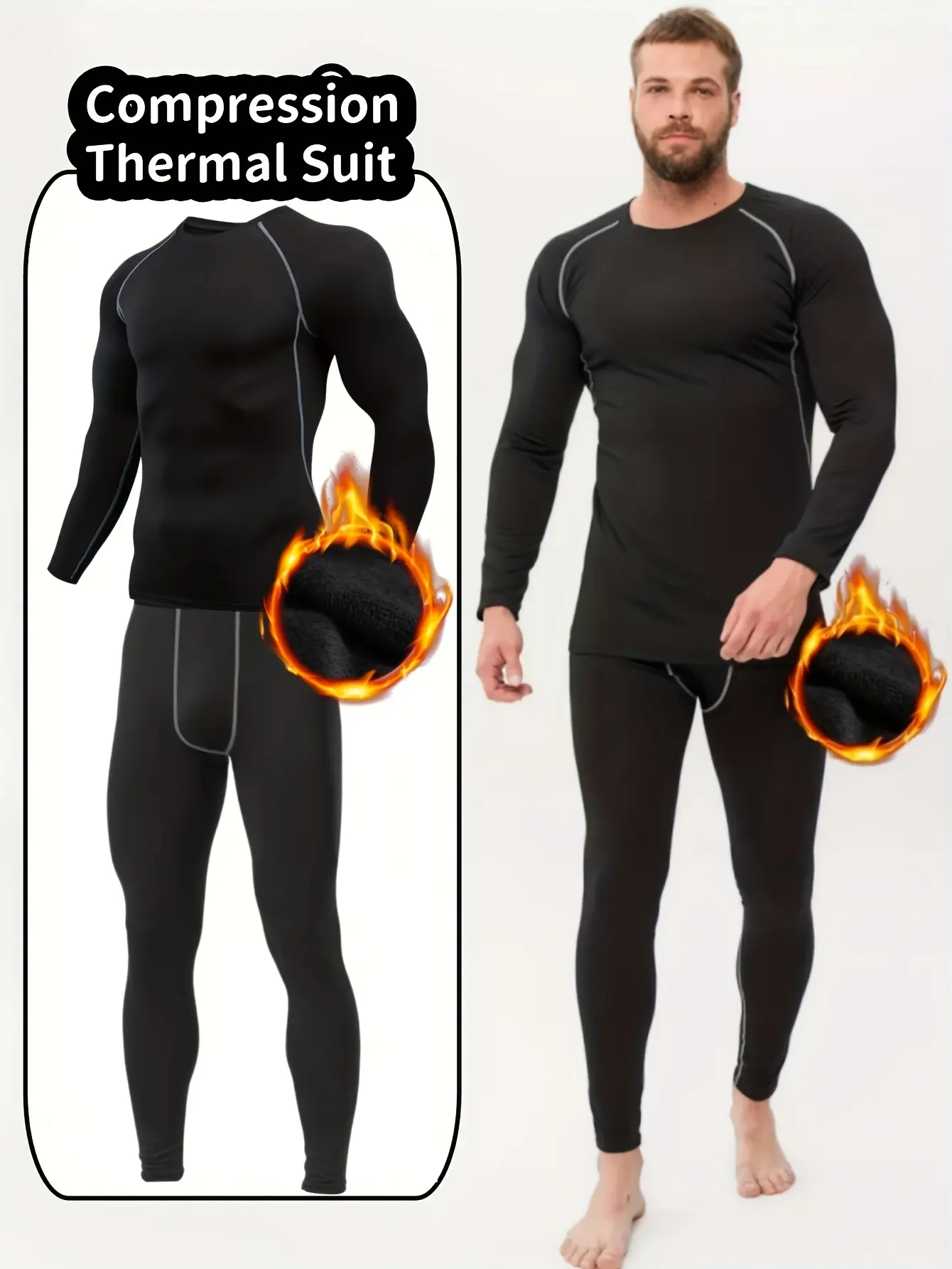 Men's Athletic Thermal Activewear Set, 2-Piece Fleece Lined Compression Tracksuit for Winter Sport & Fitness, Tights, Elastic, Polyester, High Quality, Male, Warm, Running, Thermal Tops, Keep Warm, Full Body, Warmth