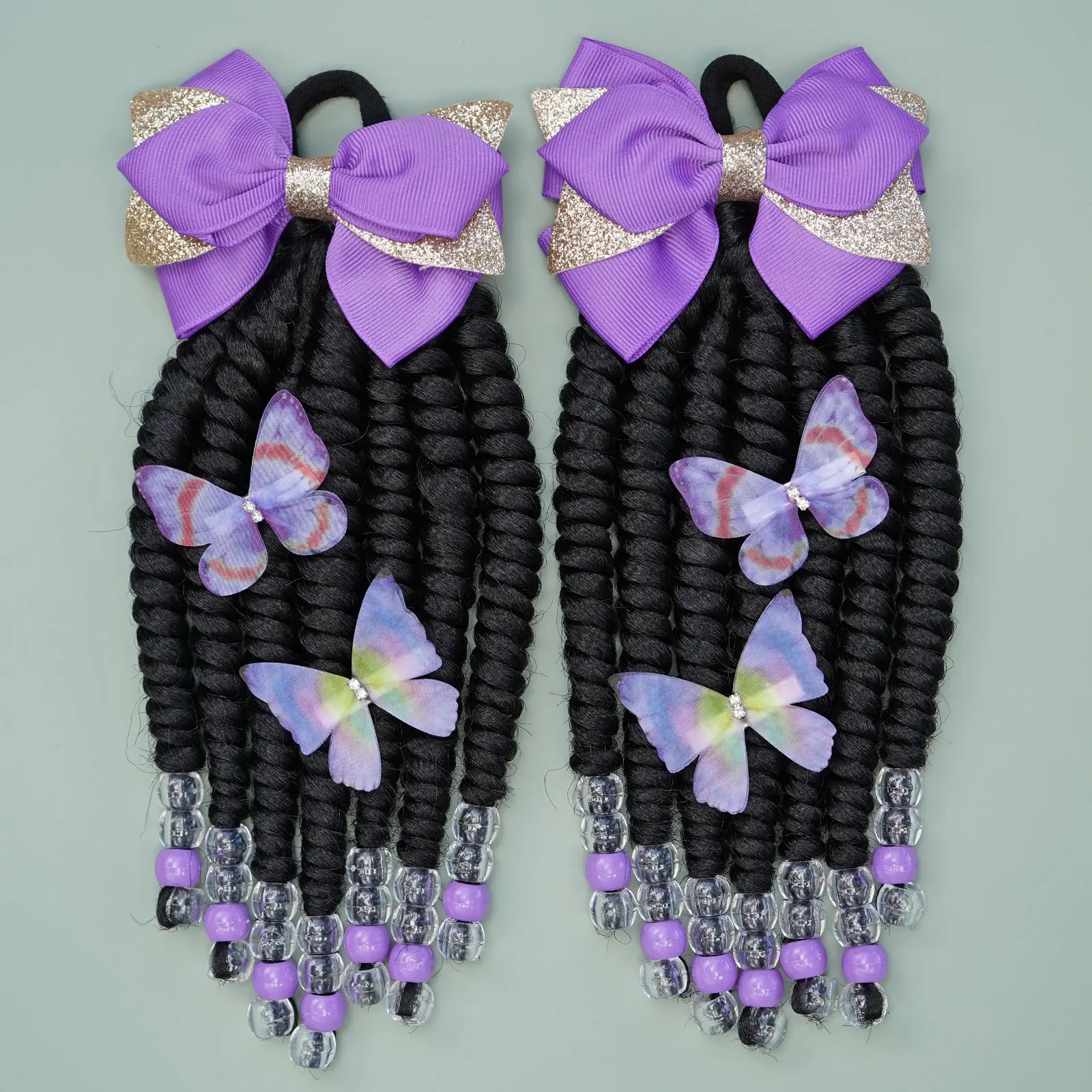 8-Inch Glueless Pre-Braided Curly Faux Locs Quick Pony Wrap Hair Extension, Synthetic Piece with Bow, Beads & Springy Twist Curl, Gift for Girls w/4 Butterfly Clips & Random Free Gift