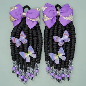 Braid Hair Extension Ponytail Exxtensions with Bow and Beads Springy Twist Hairpiece 8Inches Curly Faux Locs Glueless Pre Braided Hair Accessories Gifts for Girl with 4pcs Butterfly Clip Random Free Gift