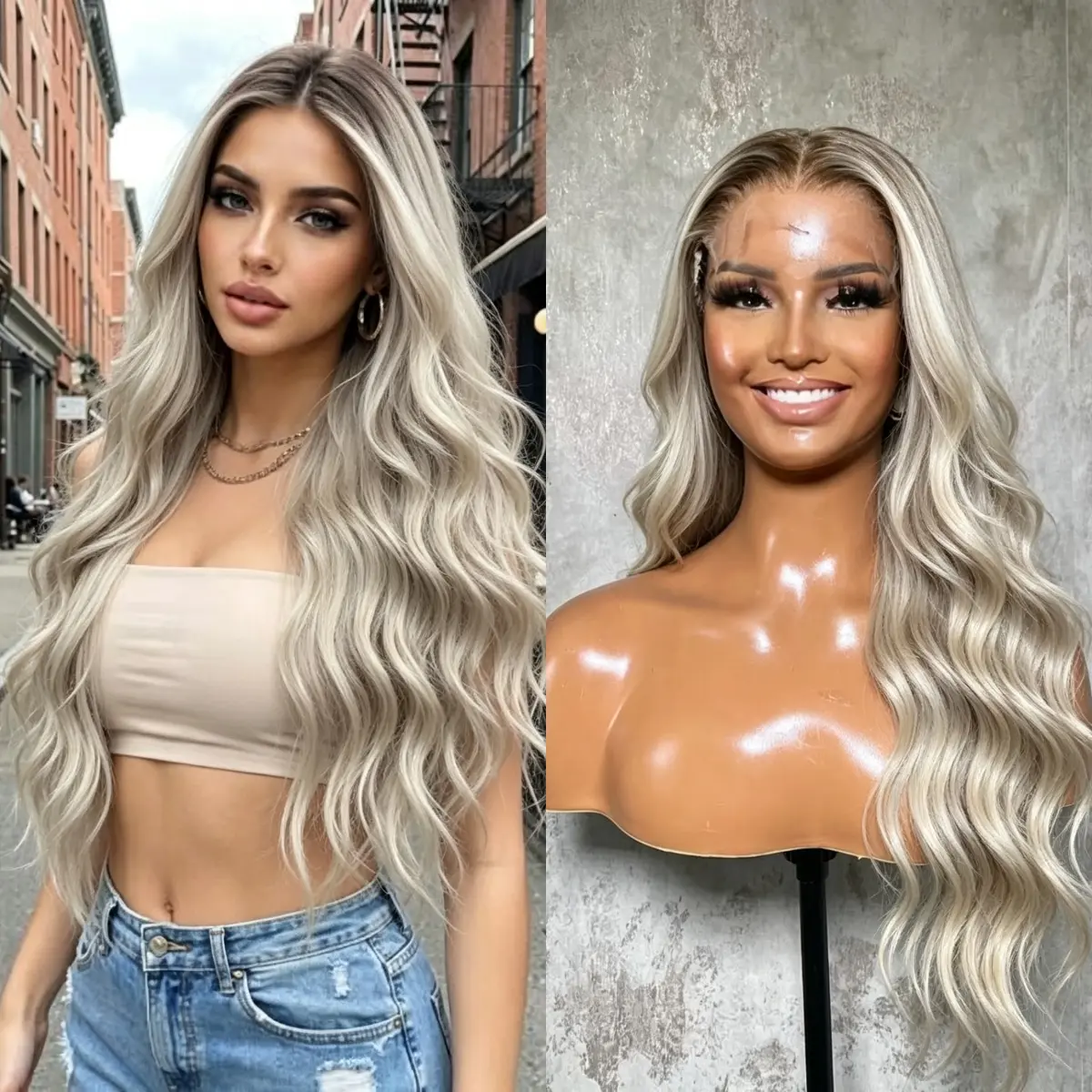 26 Inch Ash Blonde Ombre Body Wave Glueless Lace Front Wig Pre Plucked Natural Hairline Heat Resistant Synthetic Wig For Daily Wear