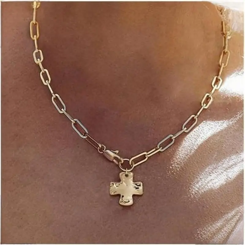 Women's Hypoallergenic Gold-Plated Chunky Chain Choker - Statement Religious Cross Necklace, Layered Paperclip Chain, Non-Tarnish Tarnish-Proof Textured Casual Trendy Jewelry, Daily Wear Accessory, Gift for Women