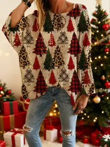 Women's Halloween Pumpkin Print Long Sleeve Knitted Top, Casual Elegant Flowy Vacation Style, Loose Fit Batwing Shoulder, Spring Summer Fall Wear