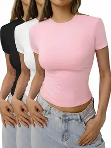 Women's 3pcs Plain Minimalist Round Neck Lounge Tees, Casual Basic Short Sleeve T-shirts for Daily Wear, Ladies Sleepwear, Summer Tops, Womenswear