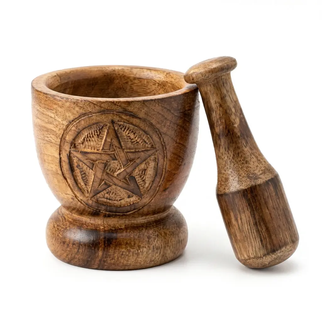 Wooden Pentagram Mortar and Pestle 3.75 Inch — Mango Wood Wiccan Altar Tool