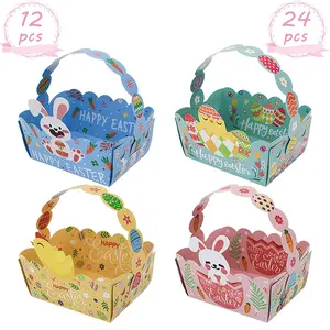 Gift for Her/Him 12/24pcs Paper Easter Baskets | Easter Treat Boxes with Handle, Cartoon Pattern, Suitable for General Occasions Festival Party