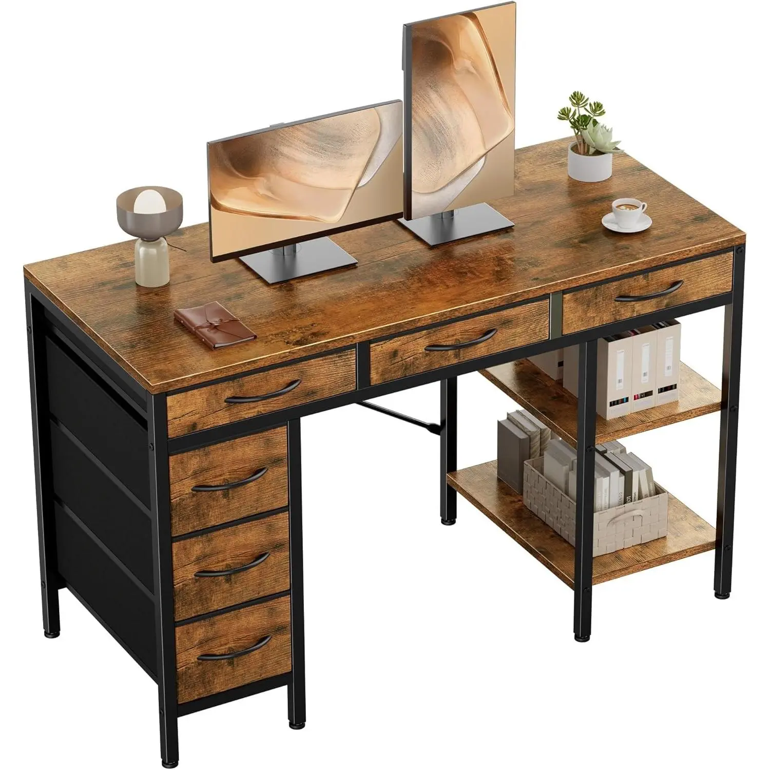 55 Inch Computer Desk with 6 Drawers Writing Study Corner Living Room Work Table with Storage Shelves for Home Office
