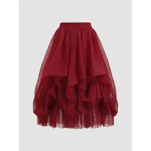 Cider [3 colors, size 0-26] Mesh Mid Rise Ruffle Tulle Maxi Skirt