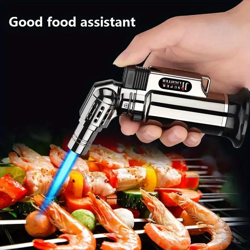 Portable High Fire Metal Lighter, with Safety Lock & Adjustable Flame, Multifunctional Kitchen Barbecue Cigar Lighter, Outdoor Windproof Turbine Gas Lighter, Men'S Gifts (No Gas), Without Battery