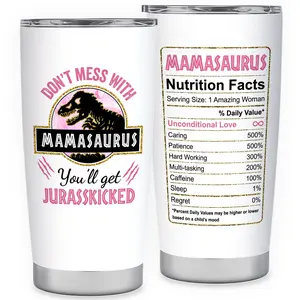 MAKEAGIFT Mamasaurus 20 Oz Tumbler for Mom - Unique Birthday, Christmas, Mothers Day Gifts for Women - Stainless Steel Drinkware with Clear Lid & Reusable Design