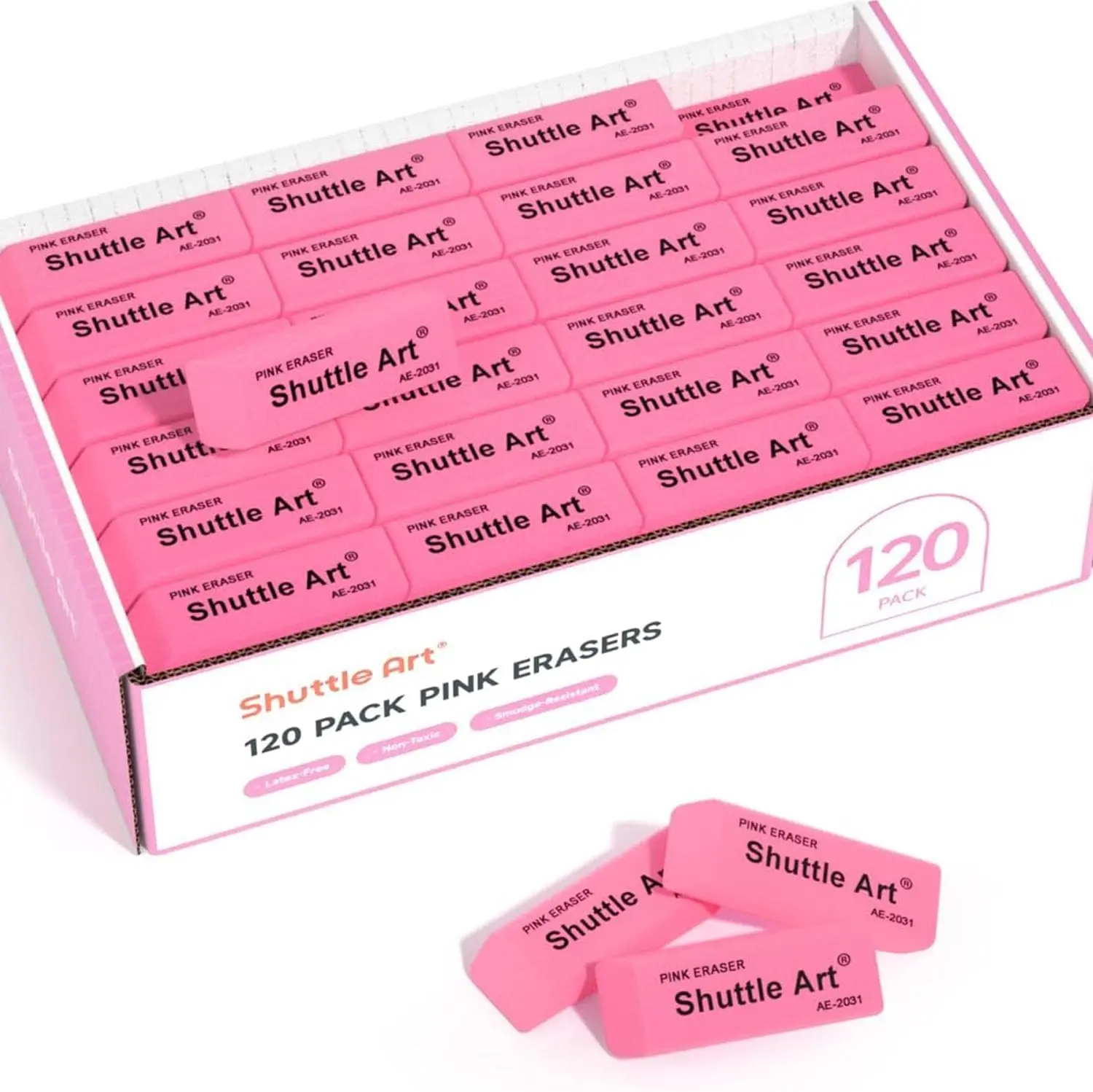 Shuttle Art 120-Pack Latex-Free Soft Erasers, Bulk Pink-White Office Stationery Writing Correction Supplies for Students, Stuff for School, Soft Eraser