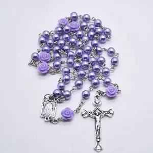 Purple Pearl Beads Rosario Necklace with Our Rose Flowers, Lourdes Medal & Cross - 21 Inches
