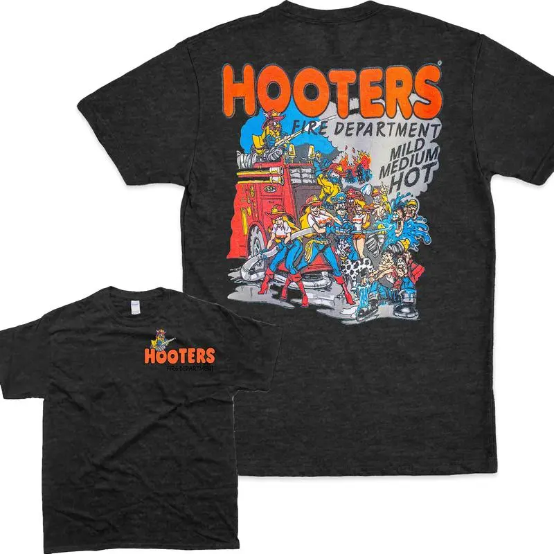 Hooters Fire Department T-Shirt – Cartoon Firefighters and Fire Truck Graphic Tee, Spicy Humor Casual Shirt, Funny Firefighter Themed Apparel for Men