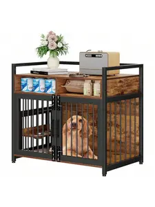 Brown-L Dog Crate Furniture With Drawers, 360° And Adjustable Raised Feeder, Furniture Large Dog Crate For Large Medium Dog Indoor