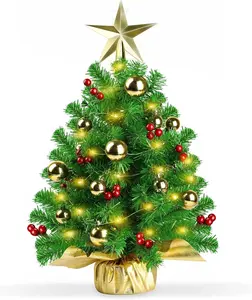 22 inch Mini Tabletop Christmas Tree with Warm Lights Gold Ornaments Skirt Star for Festive Decor Gold