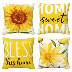 Spring Pillow Cover Yellow Flower Pillow Cover, Sofa Decorative Cushion Cover 4-piece Set Double sided Printed Home Textile