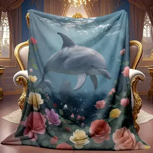 1pc Dolphin And Rose Dreamy Underwater World Pattern Theme Pattern Flannel Blanket Soft High-definition Digital Printing Cooling Blanket Suitable For All Year Round! 100% Polyester Fiber, Perfect Gift, Suitable For Family And Friends All Year Round