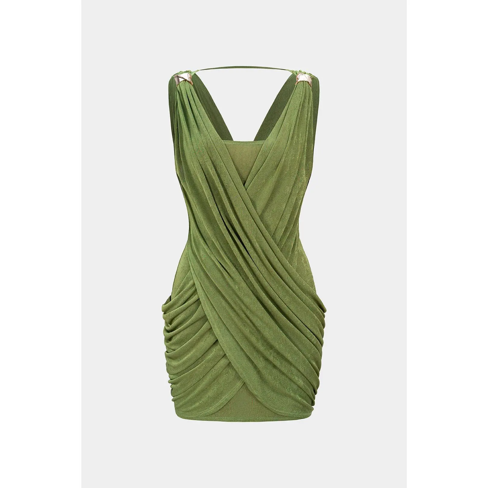 Women's Fitted Casual Crossed V-Neck Ruched Metallic Decor Sleeveless Mini Dress, Jersey Fabric