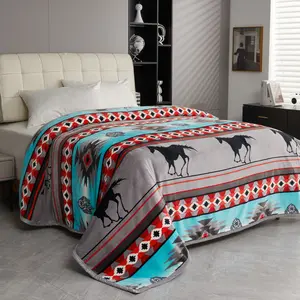 Oversized Super Plush Gray & Blue Southwest Aztec Running Horse Flannel Blanket