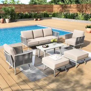PHI VILLA Metal Patio Furniture Sets with Detachable Rope Rattan Armrest, Outdoor Conversation Set All Weather Patio Sectional Couch with Coffee Table & Ottomans, Beige Cushion