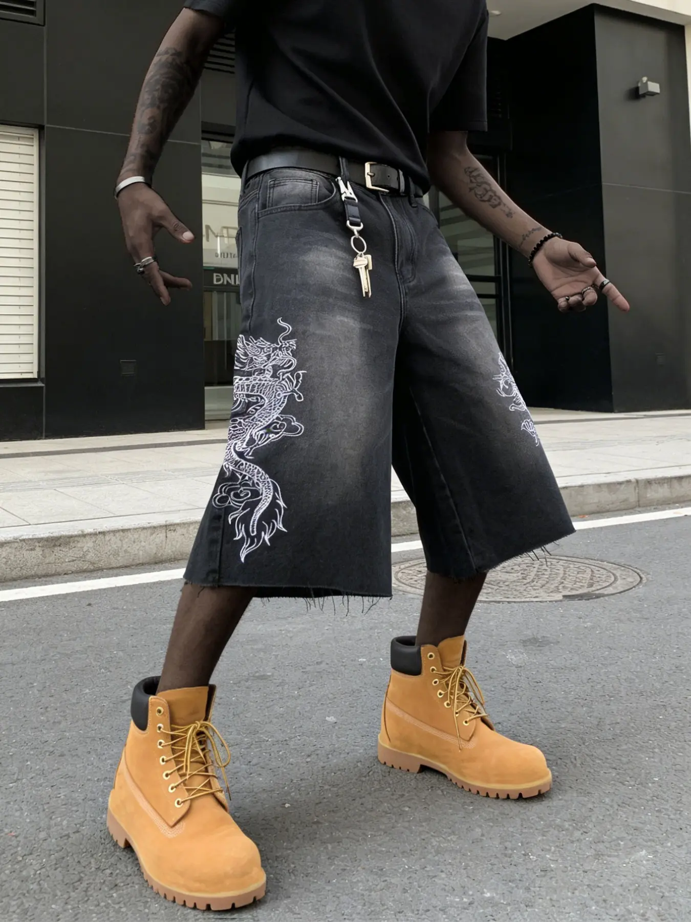 American Streetwear Dragon Embroidery Raw-Edge Pants, Chinese-Chic Vintage Washed Denim Shorts, Trendy High Street Casual Fashion for Men & Women