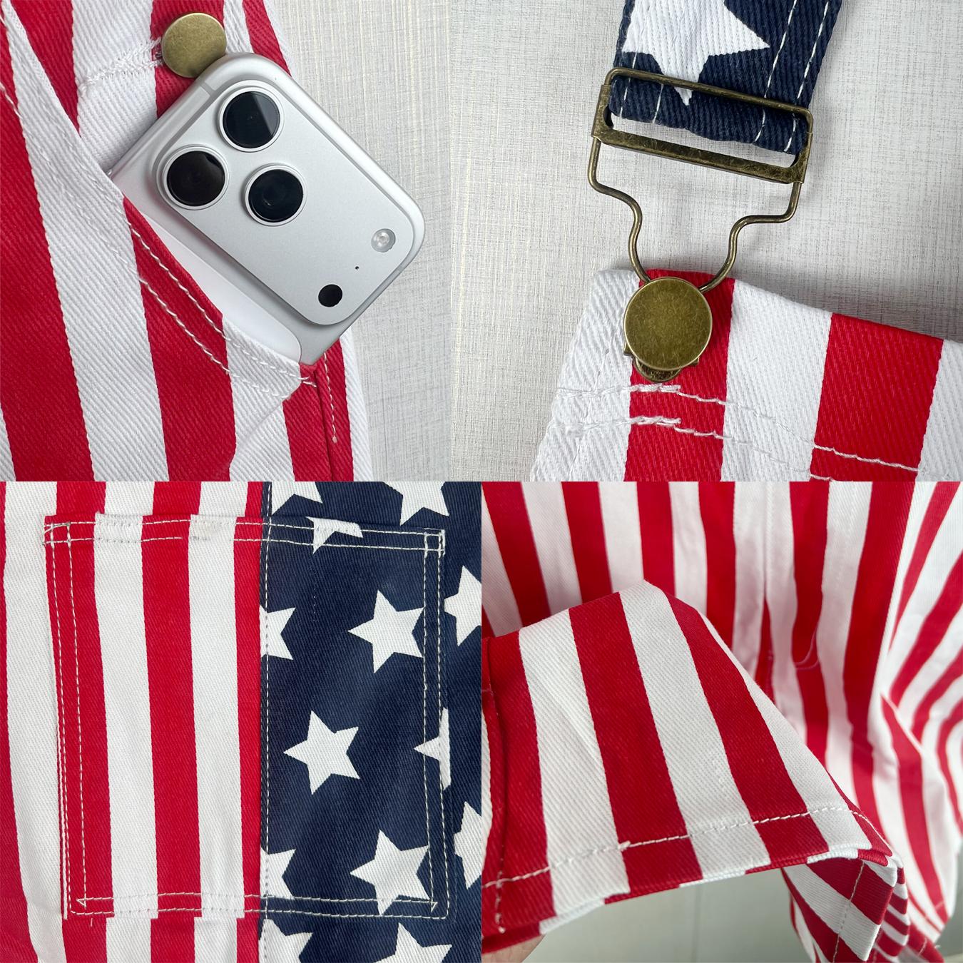 American Flag Denim Overalls Shorts for Adults, USA 250th Anniversary Stretch Bib Romper Patriotic Outfit for 4th of July and World Cup Viewing