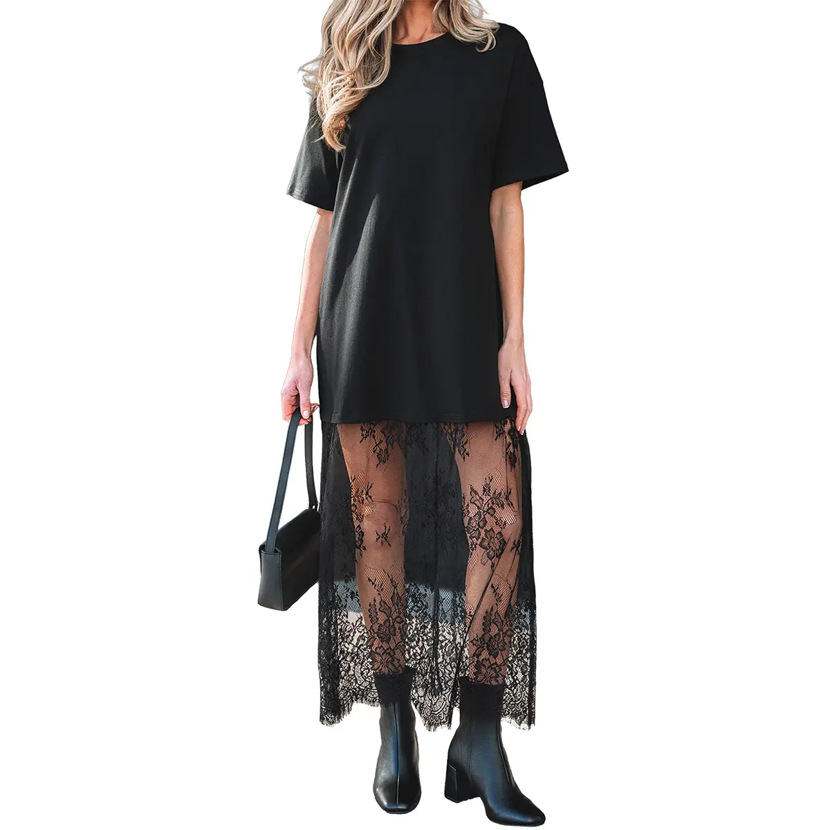 Mntaor Women's Oversized T-Shirt Maxi Dress with Sheer Lace Hem Drop Shoulder Short Sleeve Perfect for Street Style