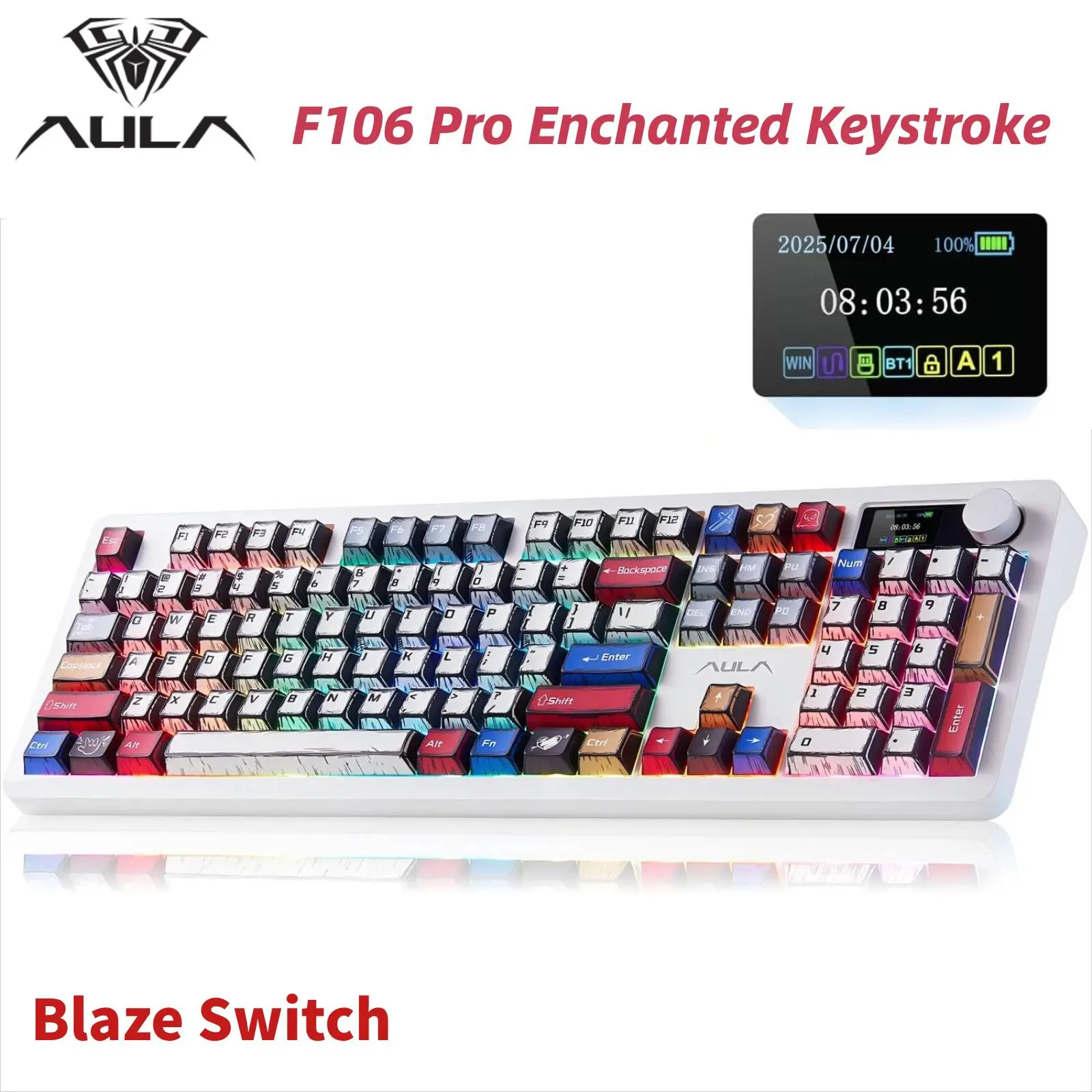New AULA F106 PRO Wireless Mechanical Keyboard,Full Size Gaming Keyboard with Hot Swappable Knob & Screen,Tri-Mode RGB Backlit with 8000mAh for PC/Laptop/Windows - Blaze Switch Enchanted Keystroke