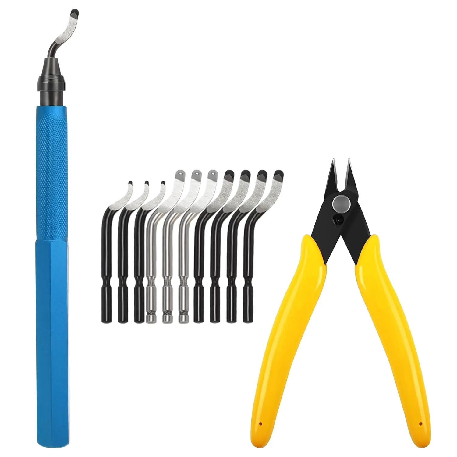 Deburring Tool Kit for 3D Printer & Art Production, 12pcs Set with 10mm Long Jaw & 360° Swivel, Multiuse Burr Remover & Wire Cleaner for Plastic Models