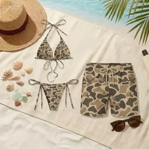 Desert Camo Couples Matching Swimsuit Set Women Triangle Tie Bikini Men Board Shorts Military Print American Summer Beach Vacation 4th of July Outfit