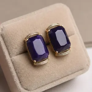 Vintage-style copper alloy rectangular stud earrings with rhinestone inlay and cut purple natural stone