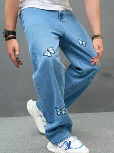 Men's Butterfly Embroidery Straight Leg Jeans, Loose Casual Streetwear Comfy Denim Pants for Daily Wear, Pants for Men, Fashion Men's Bottoms for All Seasons, Cotton, Menswear, Cute Jeans