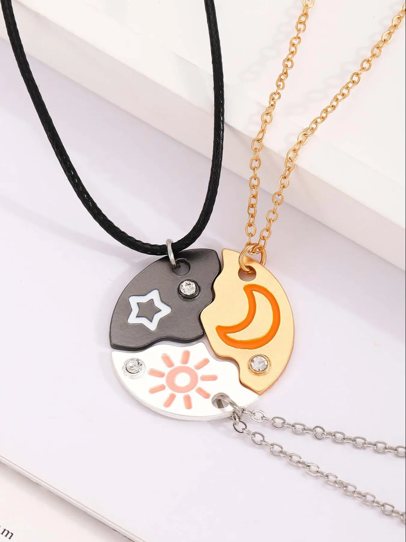 Moon Star Sun Pendant Necklace Set🌞🌙⭐️, 3 Piece Friendship Jewelry with Round Connector, Bff Fashion Necklaces for All Occasions, Fashion Matching Necklace, Fashion Jewelry Party, Birthday Gift Jewelry