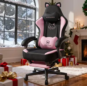 GTPLAYER Pink Gaming Chair Cute with Cat Ears Paw Lumbar and Cushion,Ergonomic Computer Chair with Footrest,Reclining PC Game Chair for Girl Computer Chair 300lbs for Adult