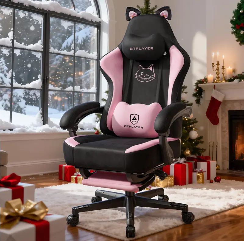 GTPLAYER Pink Ergonomic Gaming Chair - Cat Ears, Paw Design, Lumbar Support, Cushion, Reclining Function, Footrest, 300lbs Weight Capacity for Girls,summerwins