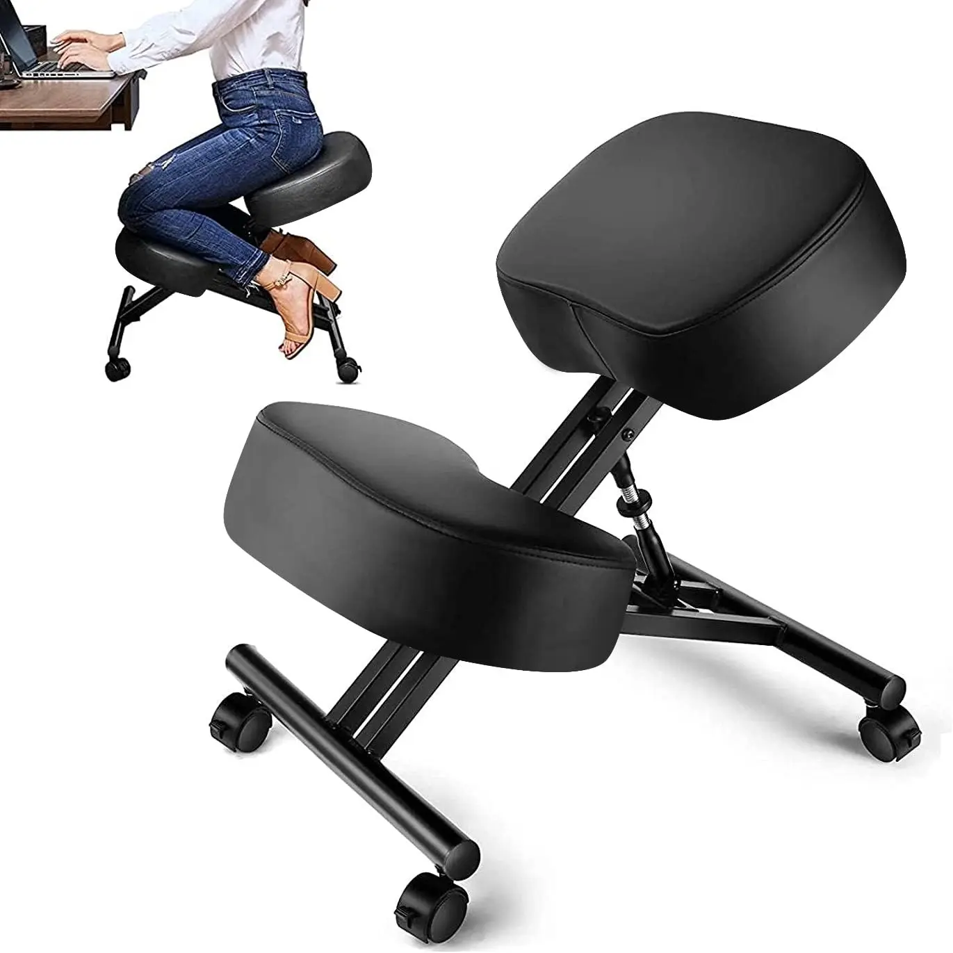 Ergonomic Kneeling Chair for Office & Home, Height Adjustable Posture Chair with Thick Moulded Foam Cushions, Desk Chair for Back Pain Relief, Improve Posture, with Lockable Smooth Casters