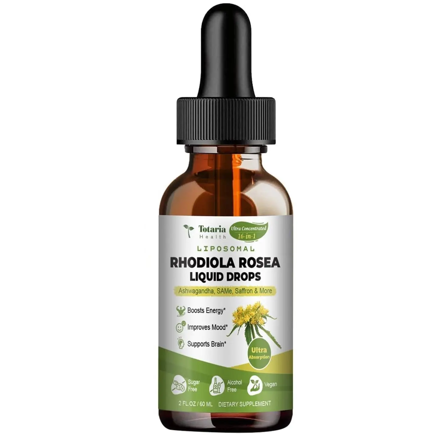 Totaria 16-in-1 Liposomal Rhodiola Rosea Supplement Tincture 1000mg, Ultra Strength Rhodiola 10:1 Root Extract w/Ashwagandha, Rhodiola Liquid Drops for Natural Relaxation, Mood, Energy, Alcohol-Free