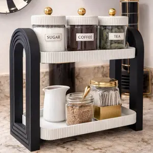 Elegant 2-Tier Kitchen Organizer with Gold-Topped Jars for Sugar Coffee & Tea Storage