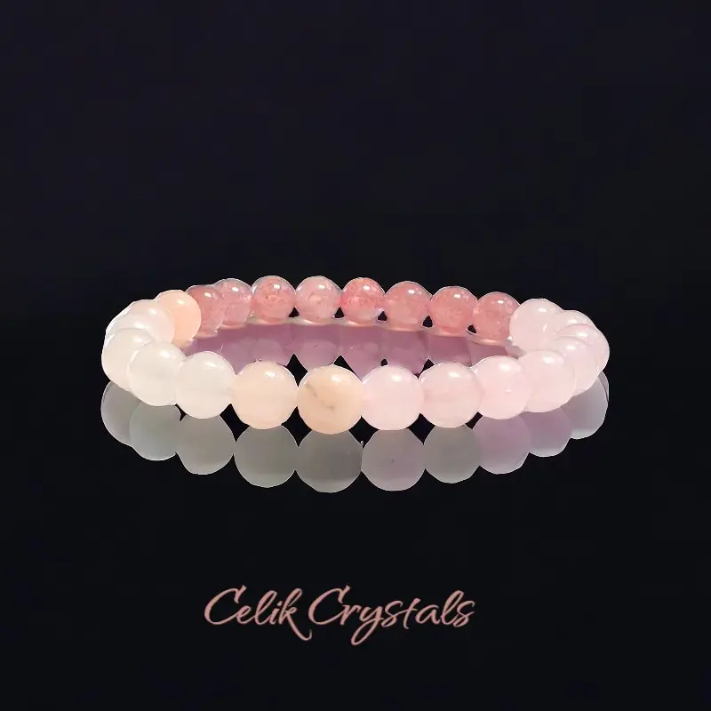 Natural Crystal 8mm Stretch Bracelet - Rose Quartz, Strawberry Quartz, Peach Aventurine Beads, Elastic Band, Abundance, Emotional Balance, Style, Good Luck Jewelry Accessory, Abundance Bracelet, Emotional Balance Bracelet