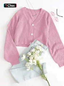 Autumn Solid Color Lantern Sleeve Button Knit Cardigan, Casual Loose-Fitting Womenswear Sweater for Spring & Fall, Moderate Fabric Thickness