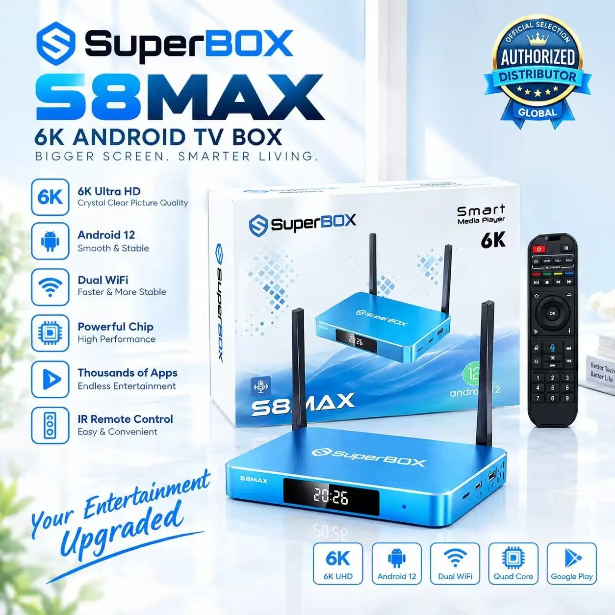 SuperBOX S8MAX Streaming Media Player with Dual Antennas and Digital Display for Home Entertainment