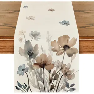 Brown Poppy Floral Leaves Spring Table Runner, Seasonal Summer Kitchen Dining Table Decoration for  Party Decor 13x72 Inch
