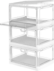 Clear Storage Bin with Lid 3 Pack 【Stackable & Sturdy】Plastic Bins for Storage, Multifunctional Folding Storage Bins for Bedroom, Living Room, Study, Toy Room, 24 QT Folding Box with Magnetic door