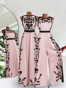 Women's Elegant Chic Colorblock Jumpsuit, Sleeveless Waist Cinching Design, Plant Print Wide Leg Pants, Perfect for Daily Wear, Dates, Weddings, Evening Events