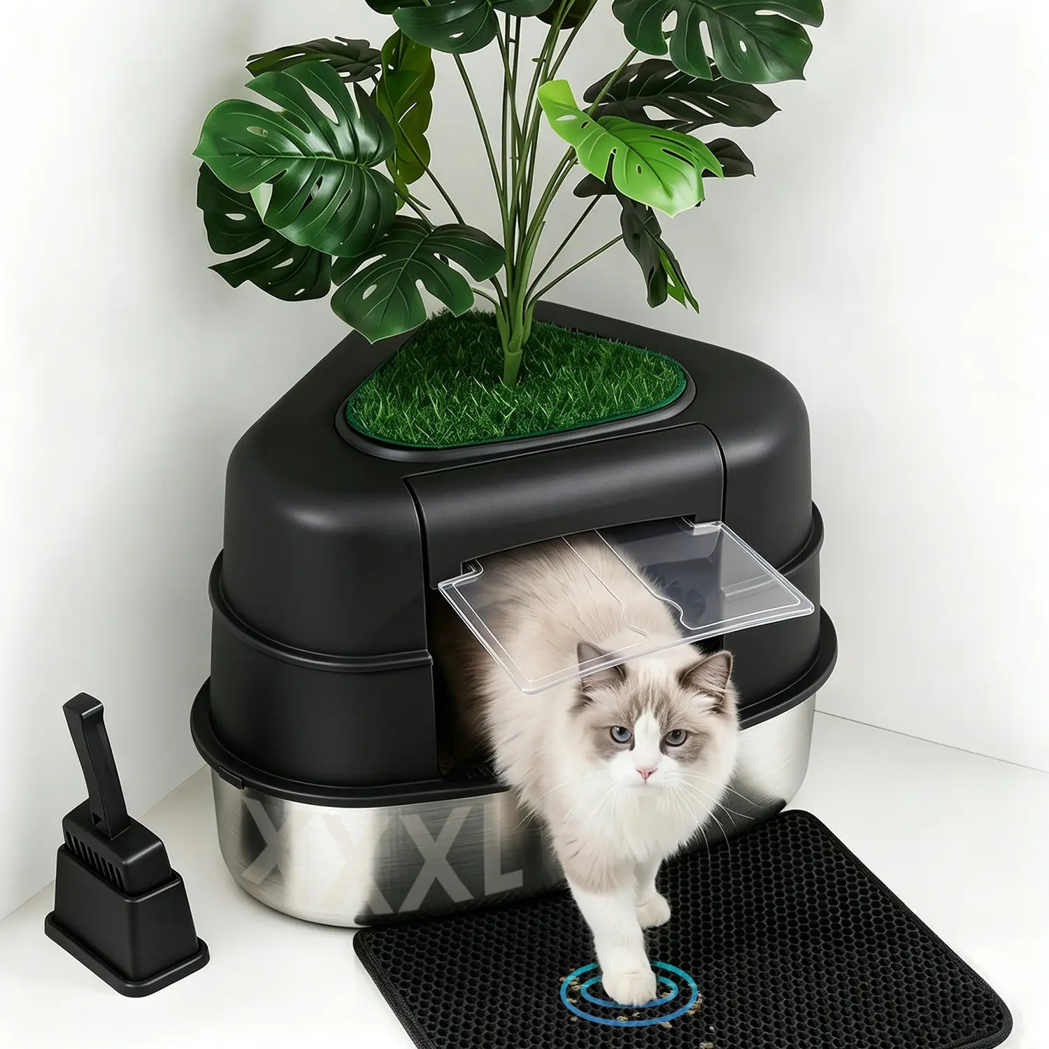 Kettnjoy Large Stainless Steel Corner Cat Litter Box with Lid, Hidden Plant XXL Litter Pan Enclosure with Faux Plant, Easy Cleaning Triangle Covered Decorative Litter Tray, Black