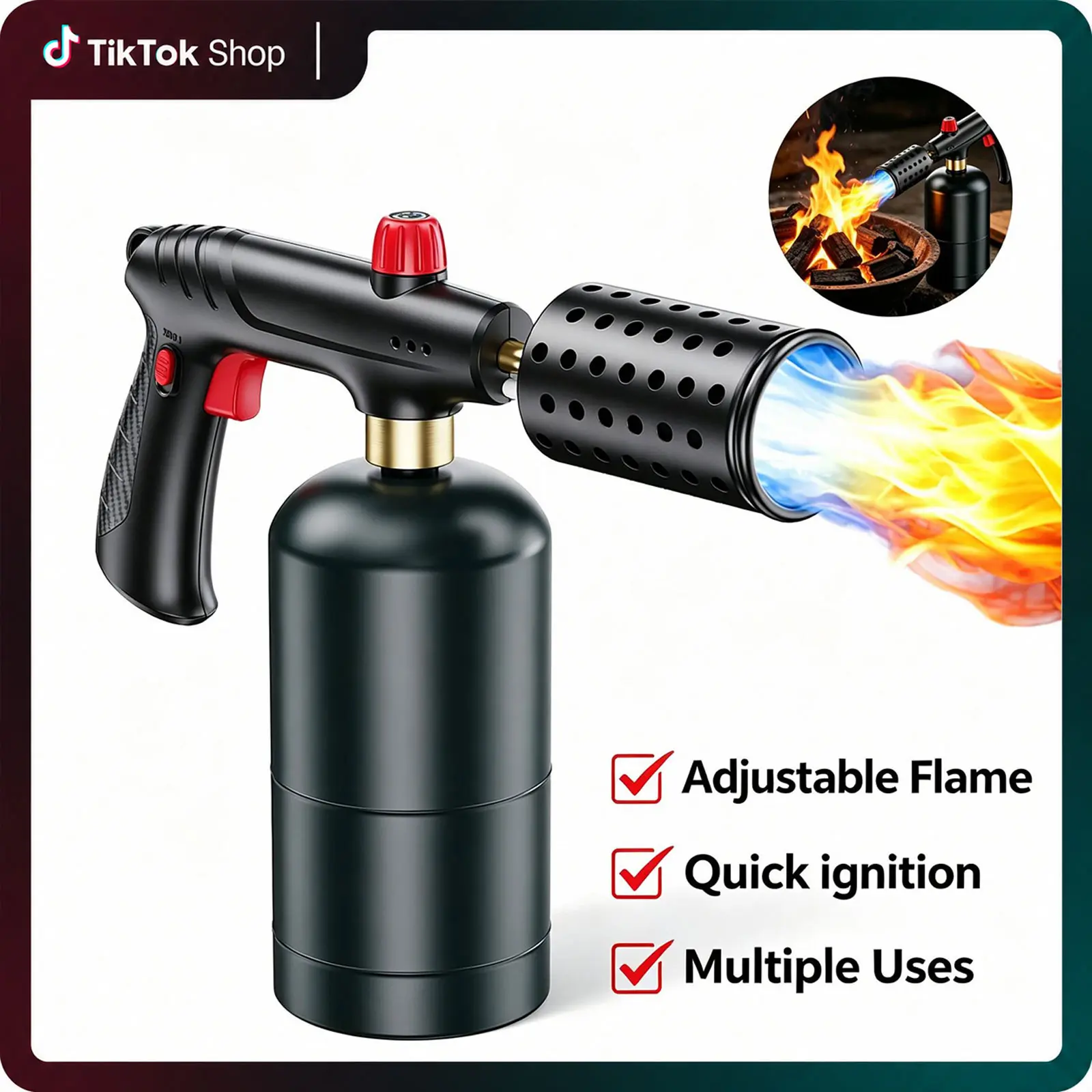 Propane Torch - Cooking Blow Torch Gun with Safety Lock, Surrounding Cooling Vents, (Overheat Prevention & Rapid Cooling), Charcoal Lighter Flame Torch for Grill, Sous Vide, BBQ, Kitchen Use, (Tank Not Included)