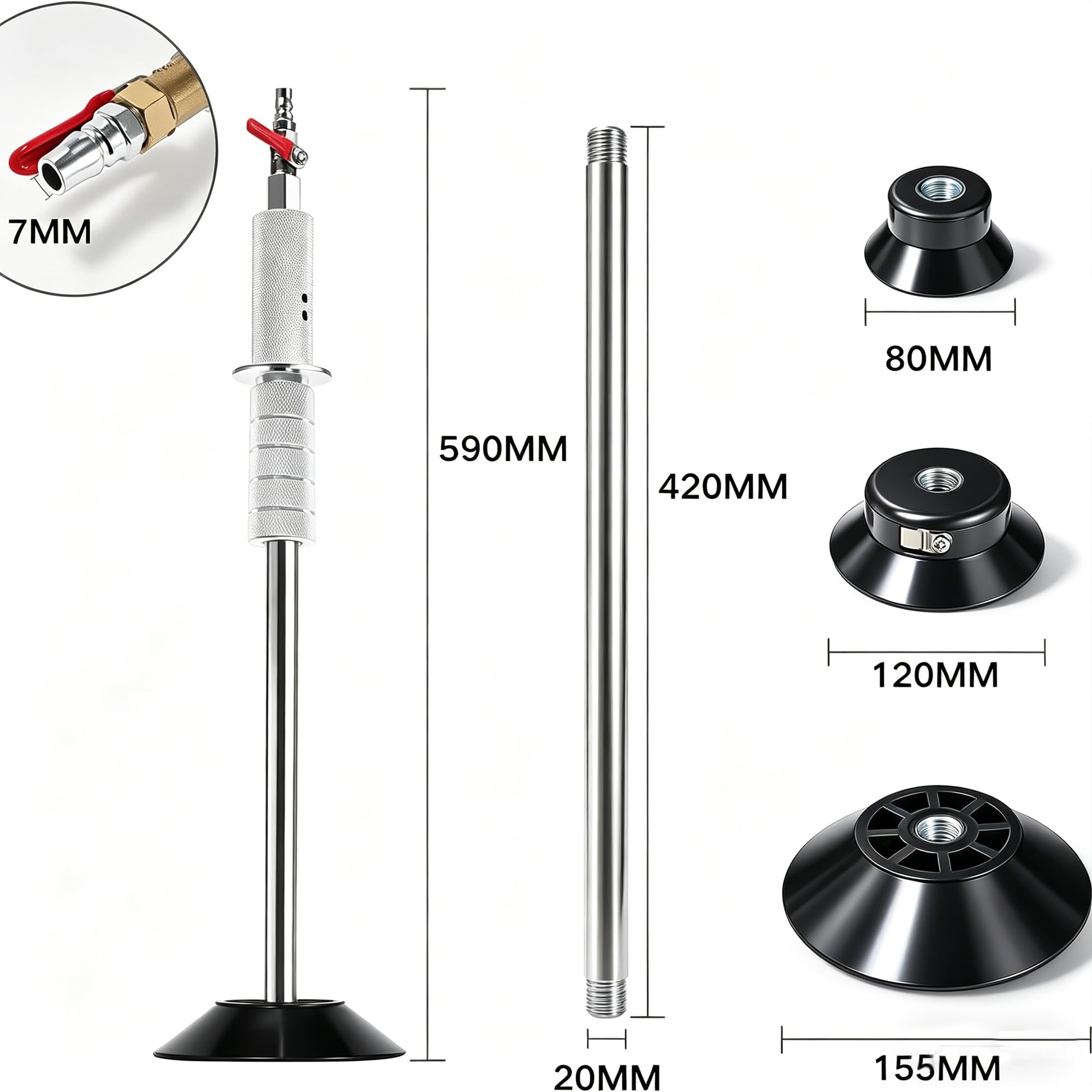 Pneumatic Dent Puller, Pneumatic Suction Cup Dent Puller with 3 Suction Cups (3.2", 4.7", 6.1”), Car Dent Puller Kit, Auto Body Dent Repair Kit, 23.2” Length